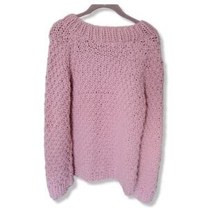 Handmade Pink chunky loose knit off shoulder boat neck sweater L XL Fairy Kei